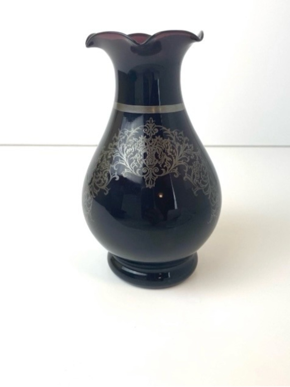 Dark Purple Glass Vase With Ruffled Top and Silver Overlay